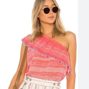 Lemlem Saba One-Shoulder Ruffled Top in Strawberry Pink Red Size S